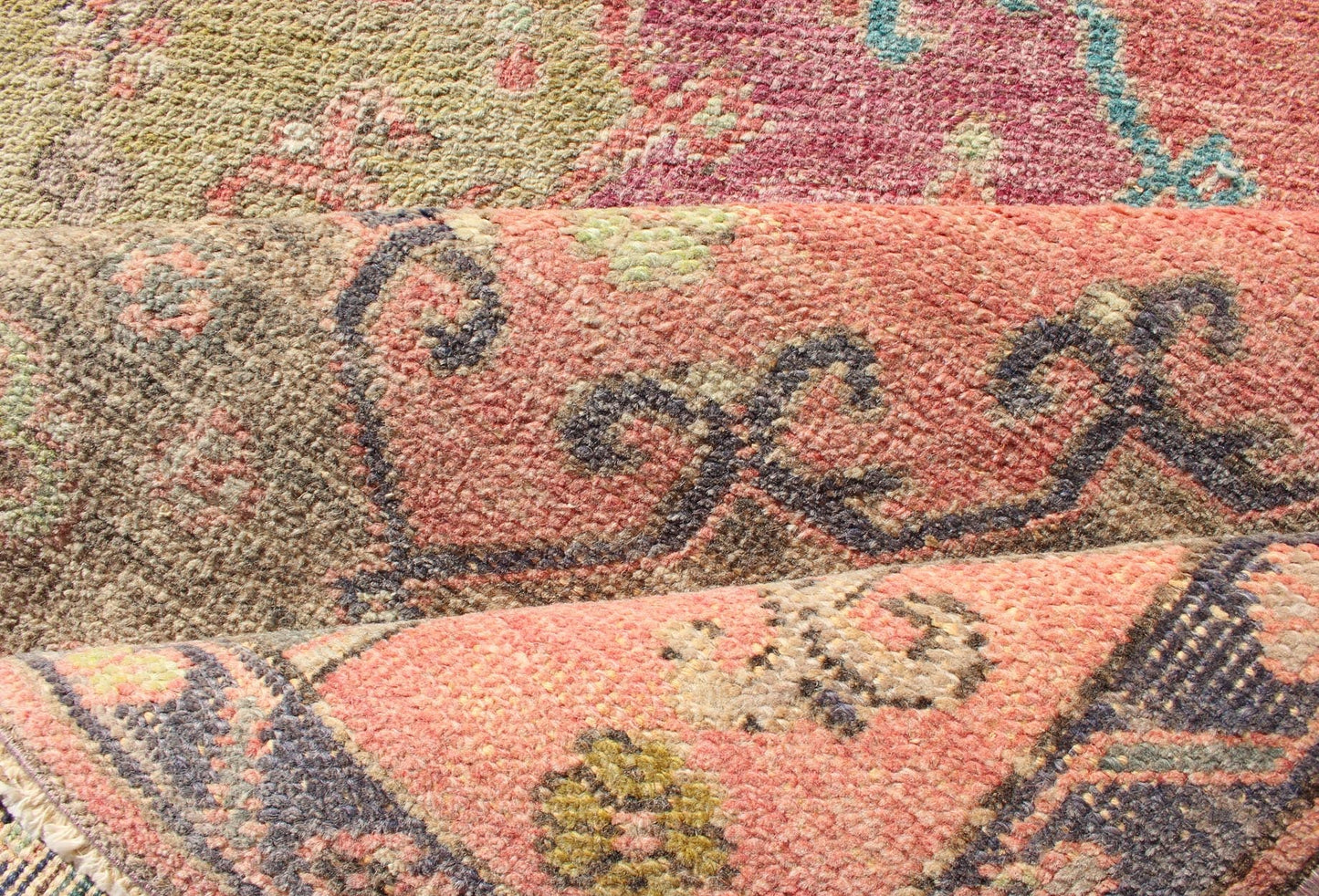 Colorful Vintage Turkish Oushak Runner with Four Medallion Design in Muted Colors. Measures: 3'4 x 12'3. This vintage Turkish Oushak runner features four layered medallions expanding across the central field. The surrounding border featu... - Keivan Woven ArtsEN - 179063 - 12349Rug