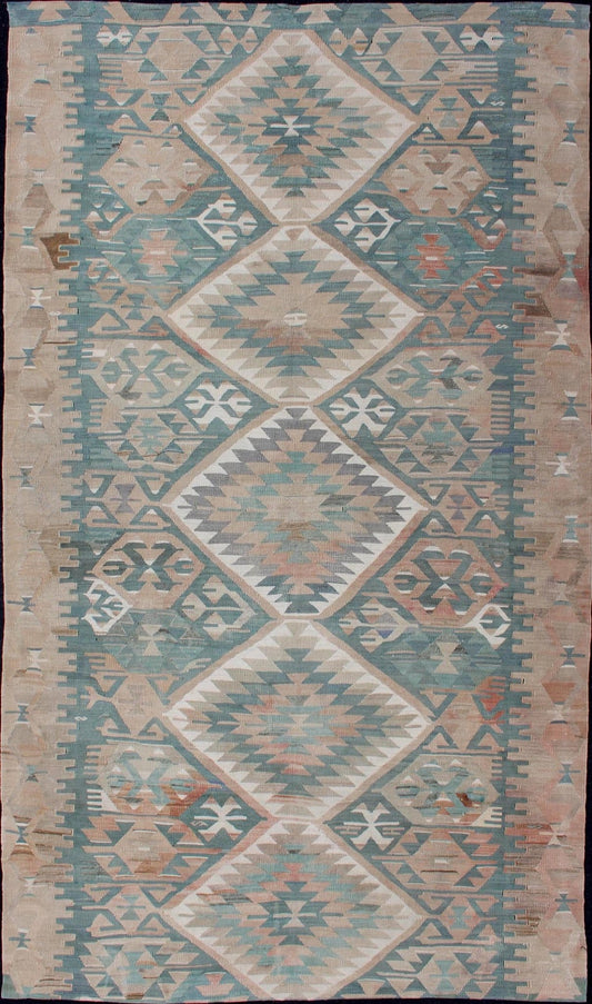 Geometric Design Vintage Turkish Tribal Flat - Weave Rug in Teal and Neutrals. Geometric design vintage Kilim rug from Turkey in light Teal and tan, light green neutral tones, rug EN - 179073, country of origin / type: Turkey / Kilim, circa 1950. ... - Keivan Woven ArtsEN - 179073 - 12751Rug