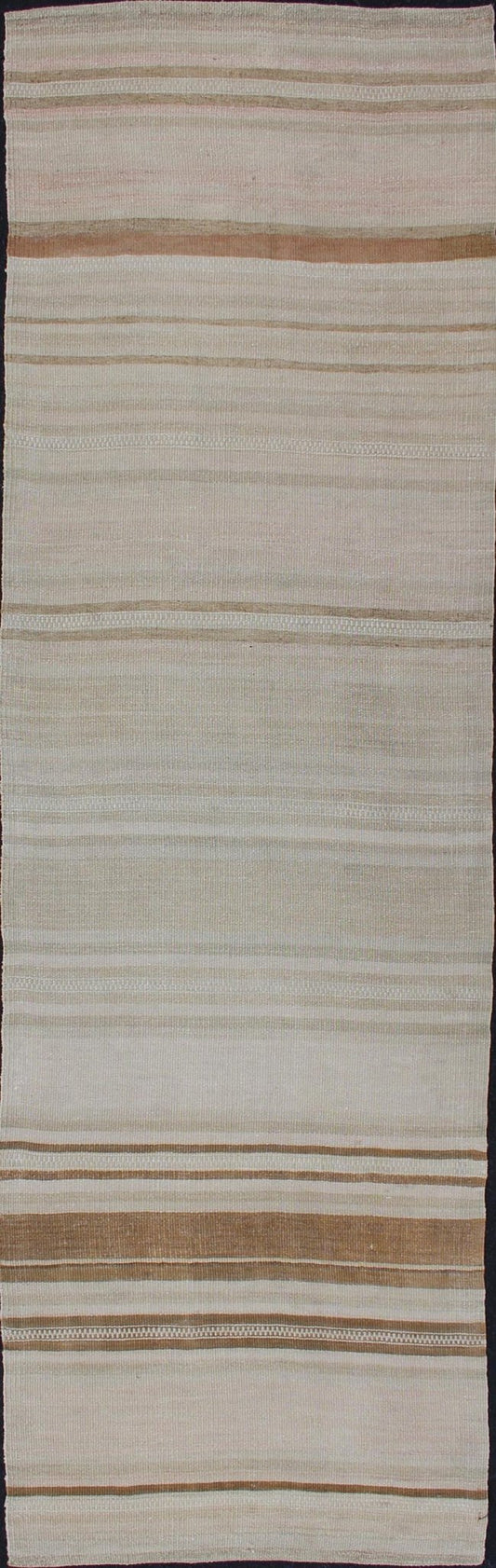 Vintage Turkish Kilim Runner with Stripes in Light Brown and Neutral Tones Stripe design Kilim runner in cream, light green, brown, Keivan Woven Arts / rug EN - 179245, country of origin / type: Turkey / Kilim, circa 1950 This flat - woven Ki... - Keivan Woven ArtsEN - 179080 - 12619Rug