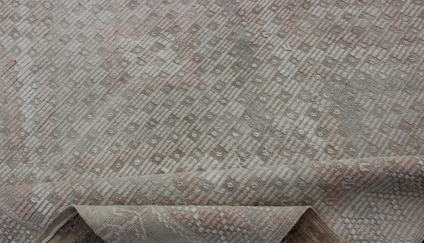 Vintage Turkish Embroidered Rug with Geometric Diamond Design in Neutral Tones Embroidered vintage Kilim rug from Turkey in shades of tan, taupe, cream, and light blue with geometric pattern, Keivan Woven Arts / rug EN - 179100, country of origin... - Keivan Woven ArtsEN - 179100 - 12761Rug