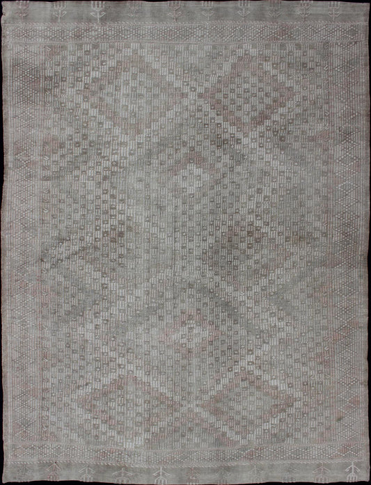 Vintage Turkish Embroidered Rug with Geometric Diamond Design in Neutral Tones Embroidered vintage Kilim rug from Turkey in shades of tan, taupe, cream, and light blue with geometric pattern, Keivan Woven Arts / rug EN - 179100, country of origin... - Keivan Woven ArtsEN - 179100 - 12761Rug