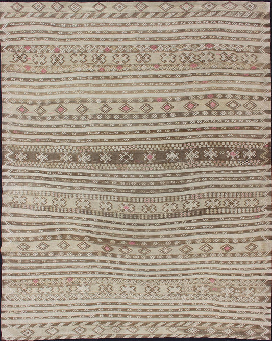 Tan and Pink Vintage Turkish Kilim Hand Woven in Wool Turkish Kilim vintage rug with assorted stripe design in a variety of colors, Keivan Woven Arts / rug en - 179230 country of origin / type: Turkey / Kilim, circa mid - 20th century. Featu... - Keivan Woven ArtsEN - 179230 - 12765Rug