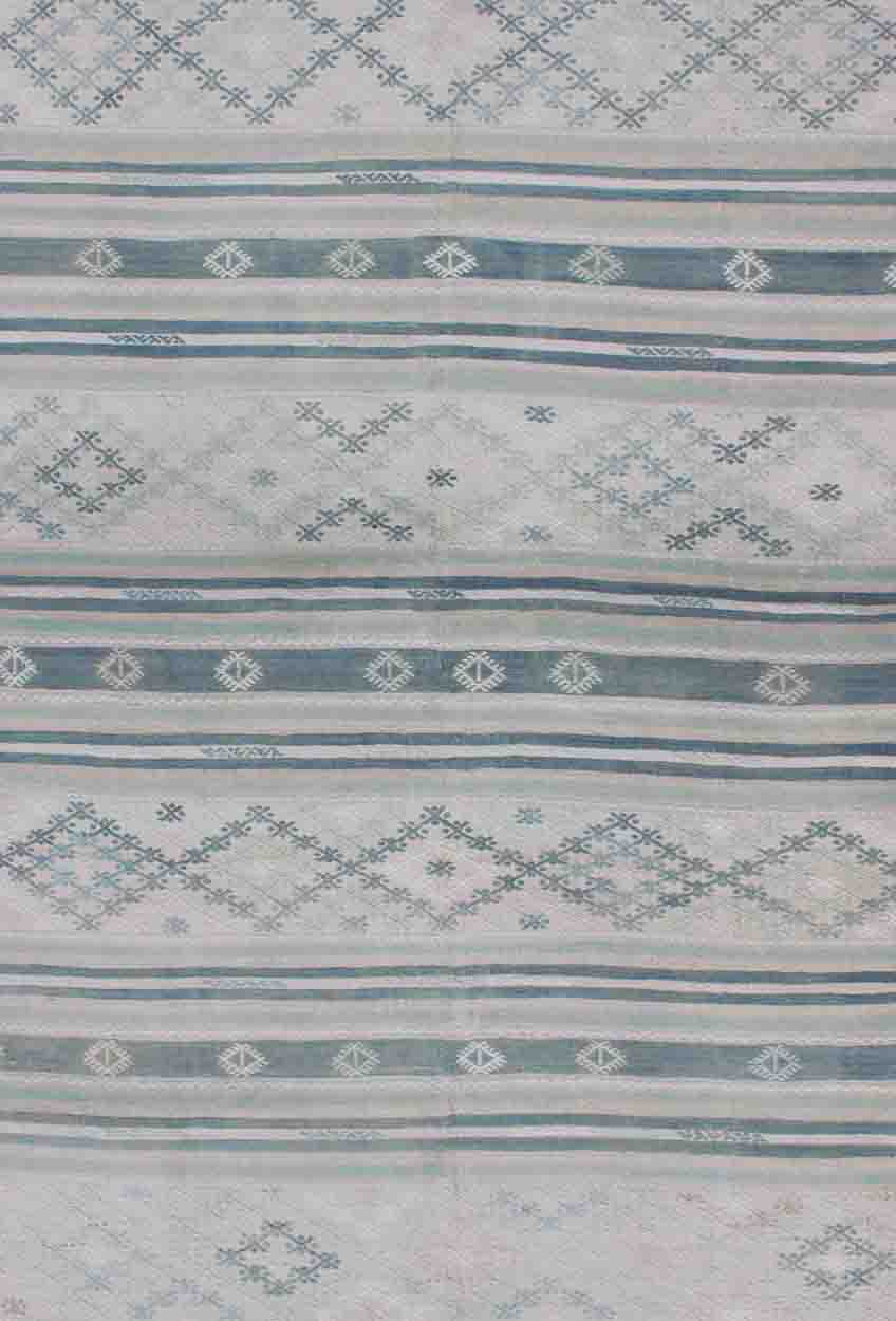 Flat - Weave Kilim with Embroideries in Taupe, Green, Blue and Gray Vintage flat - weave Kilim with embroideries in blush, green, blue and gray with a modern design geometric stripe design Vintage Kilim from Turkey, rug en - 179236, Keivan Woven A... - Keivan Woven ArtsEN - 179236 - 11807Rug