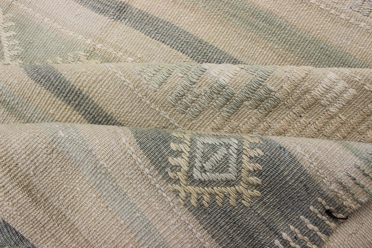 Flat - Weave Vintage Turkish Kilim With Embroideries in Taupe, Green, Blue and Gray Vintage flat - weave Kilim with embroideries in green, blue and gray with a modern design geometric stripe design Vintage Kilim from Turkey, rug EN - 179252, Keivan... - Keivan Woven ArtsEN - 179252 - 11996Rug