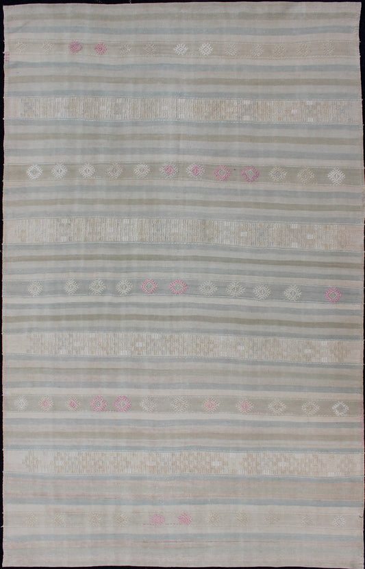 Flat - Weave Kilim with Embroideries in Taupe, Green, Blue and Gray Vintage flat - weave Kilim with embroideries in blue and gray with a modern design geometric stripe design Vintage Kilim from Turkey, Keivan Woven Arts / rug EN - 179256, country o... - Keivan Woven ArtsEN - 179256 - 12769Rug