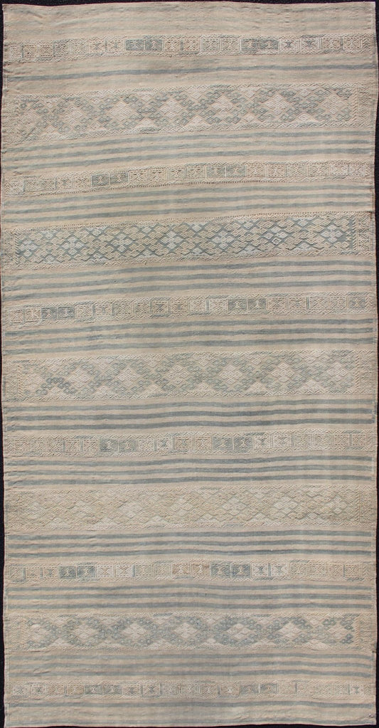 Turkish Flat - Weave Kilim With Embroideries in Taupe, Tan, Blue and Gray Vintage flat - weave Kilim with embroideries in tan, blue and gray with a modern design geometric stripe design Vintage Kilim from Turkey, Keivan Woven Arts / rug EN - 179260... - Keivan Woven ArtsEN - 179260 - 12517Rug