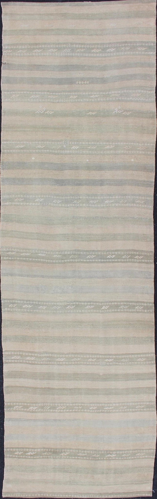 Vintage Turkish Kilim Runner with Stripes in Light Taupe and Neutral Tones Stripe design Kilim runner in cream, light green, taupe, rug EN - 179274, country of origin / type: Turkey / Kilim, circa 1950 This flat - woven Kilim runner from Turk... - Keivan Woven ArtsEN - 179274 - 12623Rug