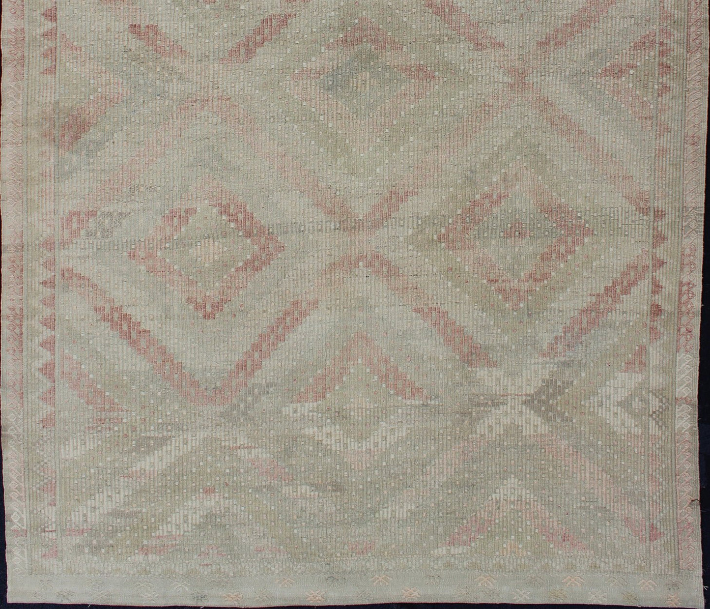 Vintage Turkish Large Embroidered Rug with Geometric Diamond Design with soft colors Large Embroidered vintage rug from Turkey in shades of tan, light green, light red, and cream with geometric pattern, rug EN - 179324, country of origin / type: Turk... - Keivan Woven ArtsEN - 179324 - 12777Rug