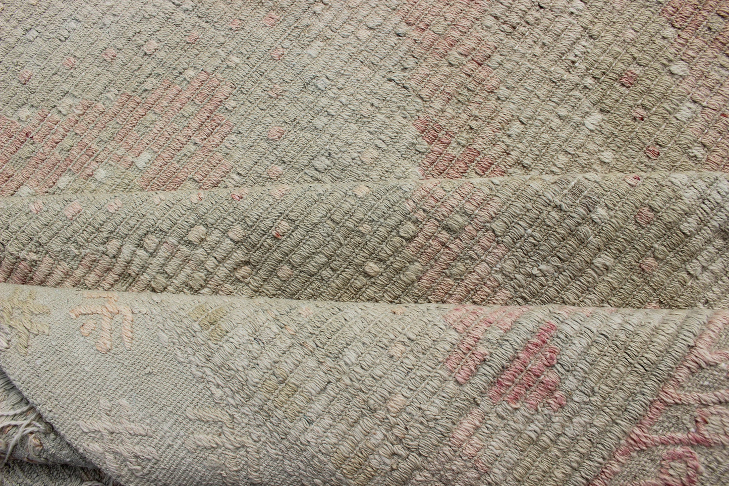 Vintage Turkish Large Embroidered Rug with Geometric Diamond Design with soft colors Large Embroidered vintage rug from Turkey in shades of tan, light green, light red, and cream with geometric pattern, rug EN - 179324, country of origin / type: Turk... - Keivan Woven ArtsEN - 179324 - 12777Rug