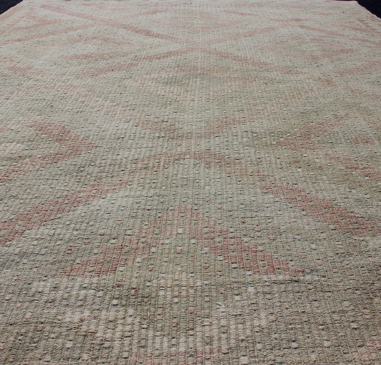 Vintage Turkish Large Embroidered Rug with Geometric Diamond Design with soft colors Large Embroidered vintage rug from Turkey in shades of tan, light green, light red, and cream with geometric pattern, rug EN - 179324, country of origin / type: Turk... - Keivan Woven ArtsEN - 179324 - 12777Rug