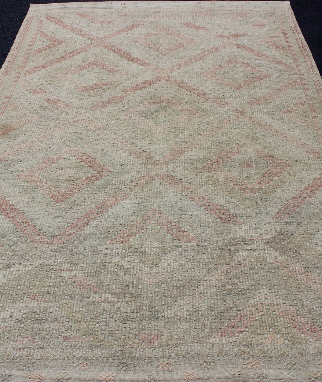 Vintage Turkish Large Embroidered Rug with Geometric Diamond Design with soft colors Large Embroidered vintage rug from Turkey in shades of tan, light green, light red, and cream with geometric pattern, rug EN - 179324, country of origin / type: Turk... - Keivan Woven ArtsEN - 179324 - 12777Rug