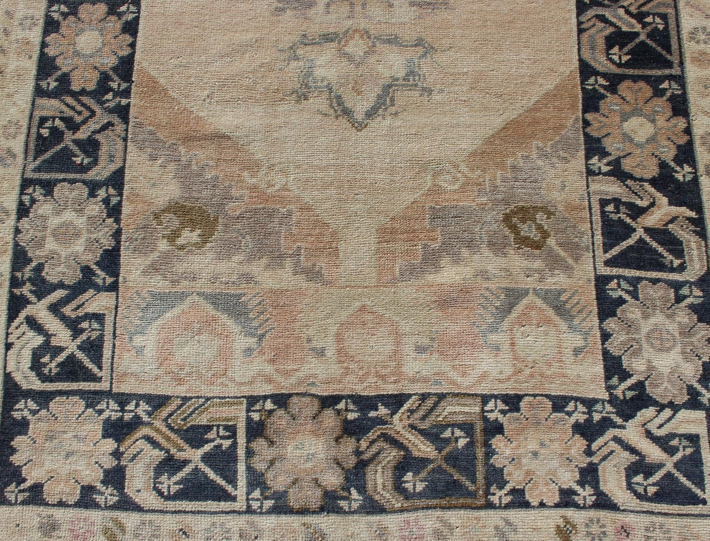 Vintage Turkish Oushak Rug in Tan & Navy Blue. Vintage Oushak Rug in Tan & Navy Blue With Floral Medallion Design and Sub Geometric Border in boteh and botanical motifs. Keivan Woven Arts/ rug EN - 179353, country of origin / type: Turkey / Ousha... - Keivan Woven ArtsEN - 179353 - 12357Rug