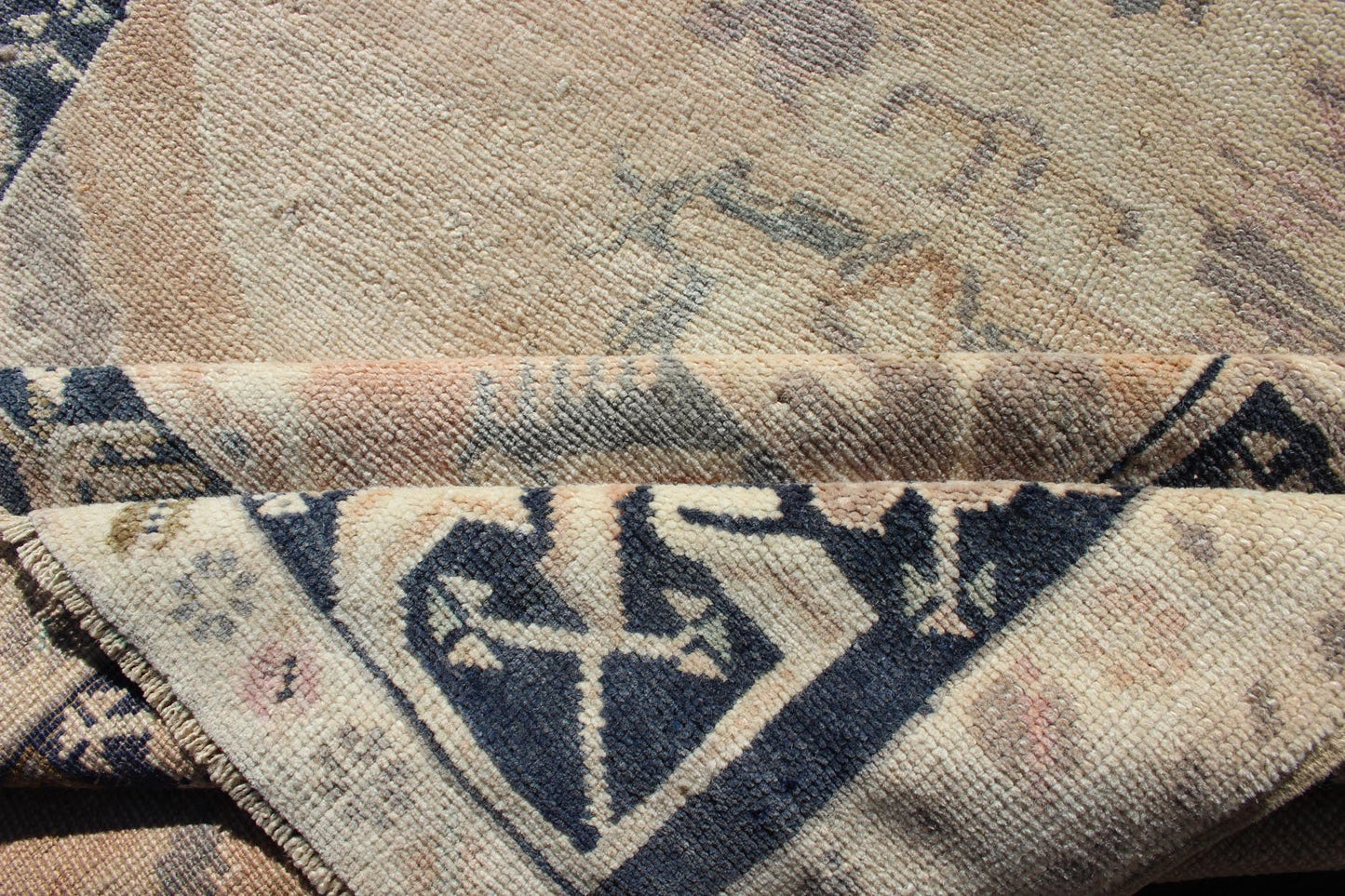 Vintage Turkish Oushak Rug in Tan & Navy Blue. Vintage Oushak Rug in Tan & Navy Blue With Floral Medallion Design and Sub Geometric Border in boteh and botanical motifs. Keivan Woven Arts/ rug EN - 179353, country of origin / type: Turkey / Ousha... - Keivan Woven ArtsEN - 179353 - 12357Rug