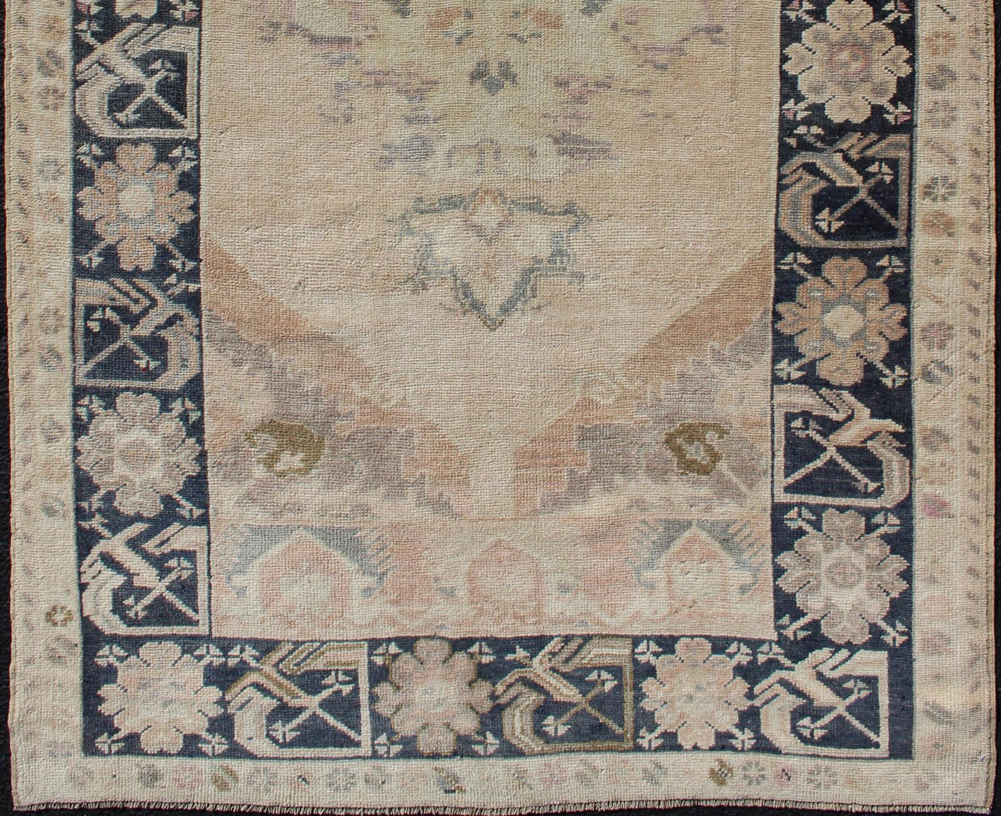 Vintage Turkish Oushak Rug in Tan & Navy Blue. Vintage Oushak Rug in Tan & Navy Blue With Floral Medallion Design and Sub Geometric Border in boteh and botanical motifs. Keivan Woven Arts/ rug EN - 179353, country of origin / type: Turkey / Ousha... - Keivan Woven ArtsEN - 179353 - 12357Rug