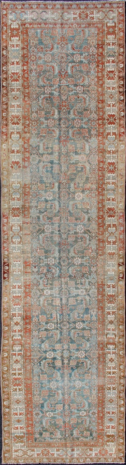 Antique Hand Knotted Persian Hamedan Runner With Sub - Geometric Design Earth Tones With Red Antique Persian Hamadan runner with sub - geometric design. Intricately designed antique Hamadan runner in light tones, rug EN - 179370, Keivan Woven Arts / c... - Keivan Woven ArtsEN - 179370 - 12387Rug