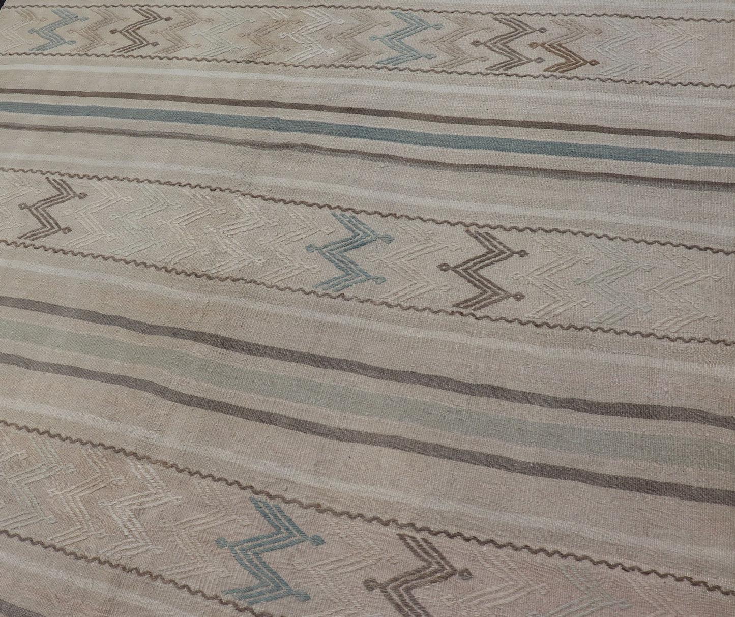 Vintage Turkish Flat - Weave Muted Colored Kilim in Taupe, Brown and Light Blue Minimalist design Kilim from Turkey inlight blue, brown, and taupe. Keivan Woven Arts / rug/EN - 179456, country of origin / type: Turkey / Kilim, circa 1950 This... - Keivan Woven ArtsEN - 179456 - 15372Rug