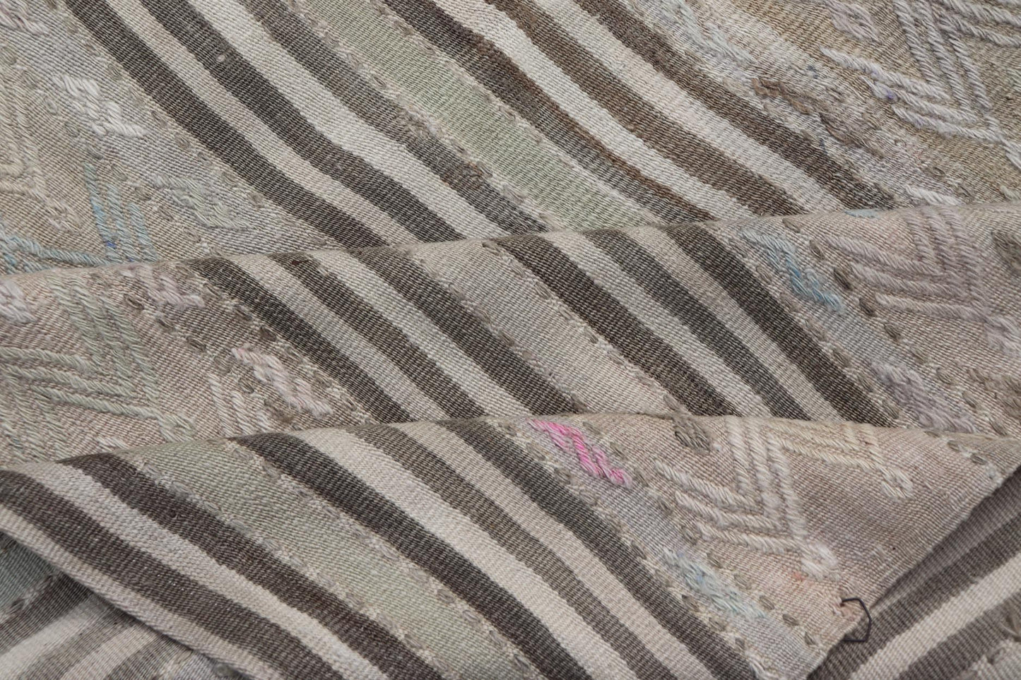 Vintage Turkish Flat - Weave Embroideries Kilim in Taupe, Lt. Blue, Brown, Blush Vintage flat - weave Kilim with embroideries with a modern design in tan, brown, blush, green and blue geometric stripe design Vintage Kilim from Turkey, Keivan Wov... - Keivan Woven ArtsEN - 179500 - 19094Rug