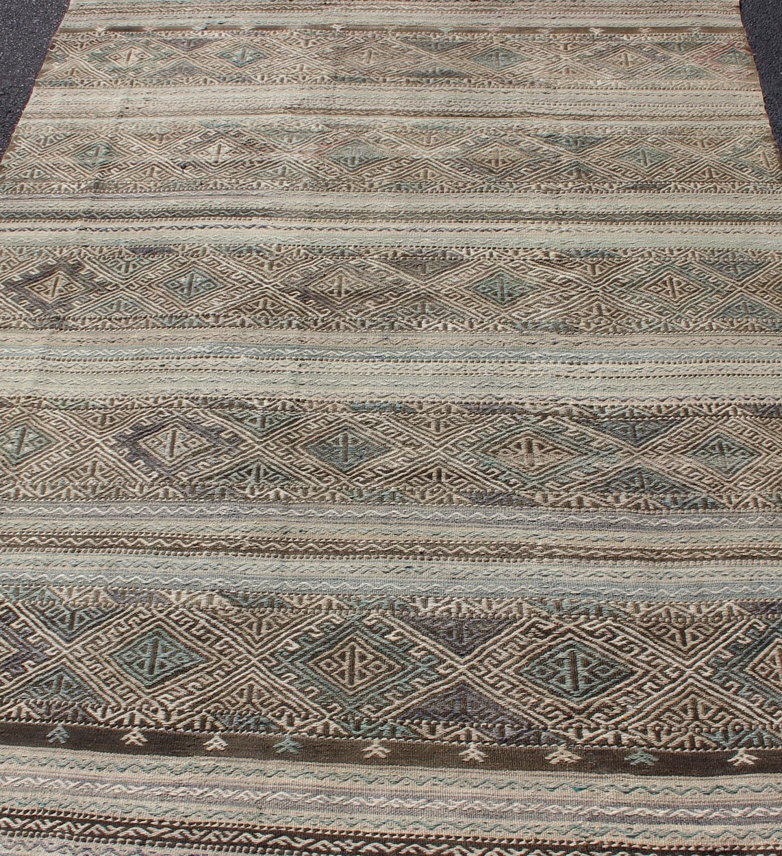 Flat - Weave Turkish Vintage Kilim With Embroideries in Taupe, Green, Teal, Blue and Brown Vintage flat - weave Kilim with embroideries with a modern design in tan, brown, green and blue geometric stripe design Vintage Kilim from Turkey, Keivan W... - Keivan Woven ArtsEN - 179526 - 11737Rug