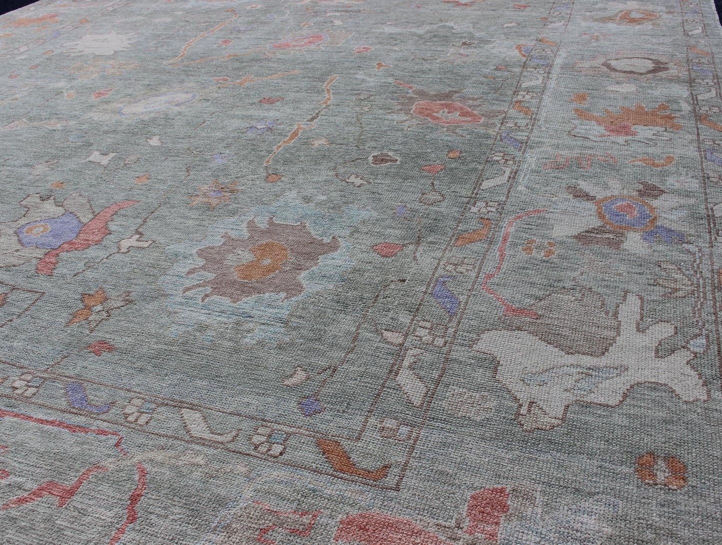 Large Turkish Oushak Reproduction Rug in Light Green made with Hand Spun Fine Wool Turkish Oushak rug with light green and multi - color palette, all - over floral design, Keivan Woven Arts/ rug EN - 179603, country of origin / type: Turkey / Oushak. Repr... - Keivan Woven ArtsEN - 179603 - 11891Rug