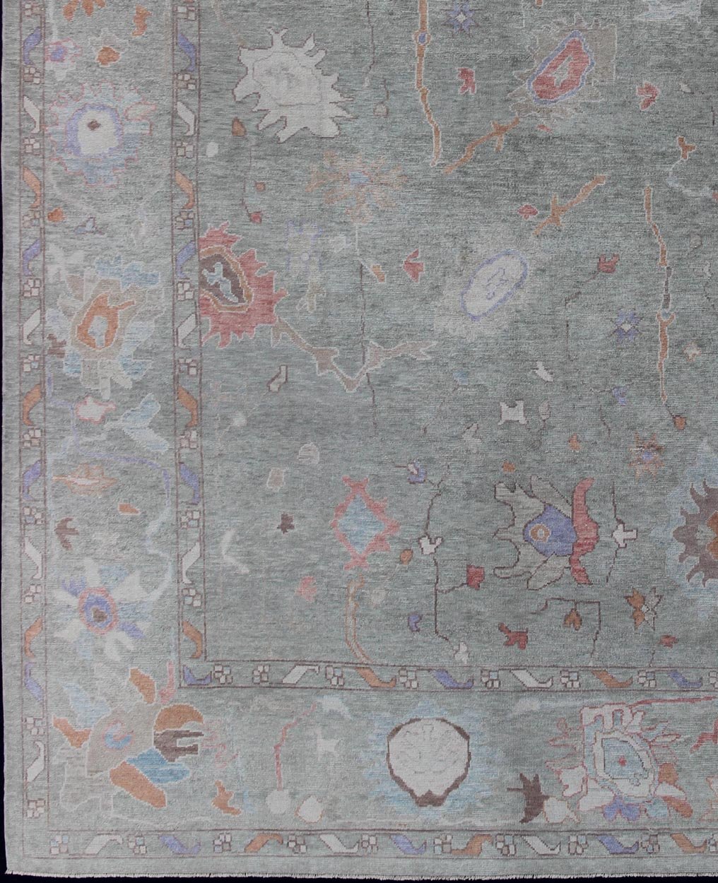 Large Turkish Oushak Reproduction Rug in Light Green made with Hand Spun Fine Wool Turkish Oushak rug with light green and multi - color palette, all - over floral design, Keivan Woven Arts/ rug EN - 179603, country of origin / type: Turkey / Oushak. Repr... - Keivan Woven ArtsEN - 179603 - 11891Rug