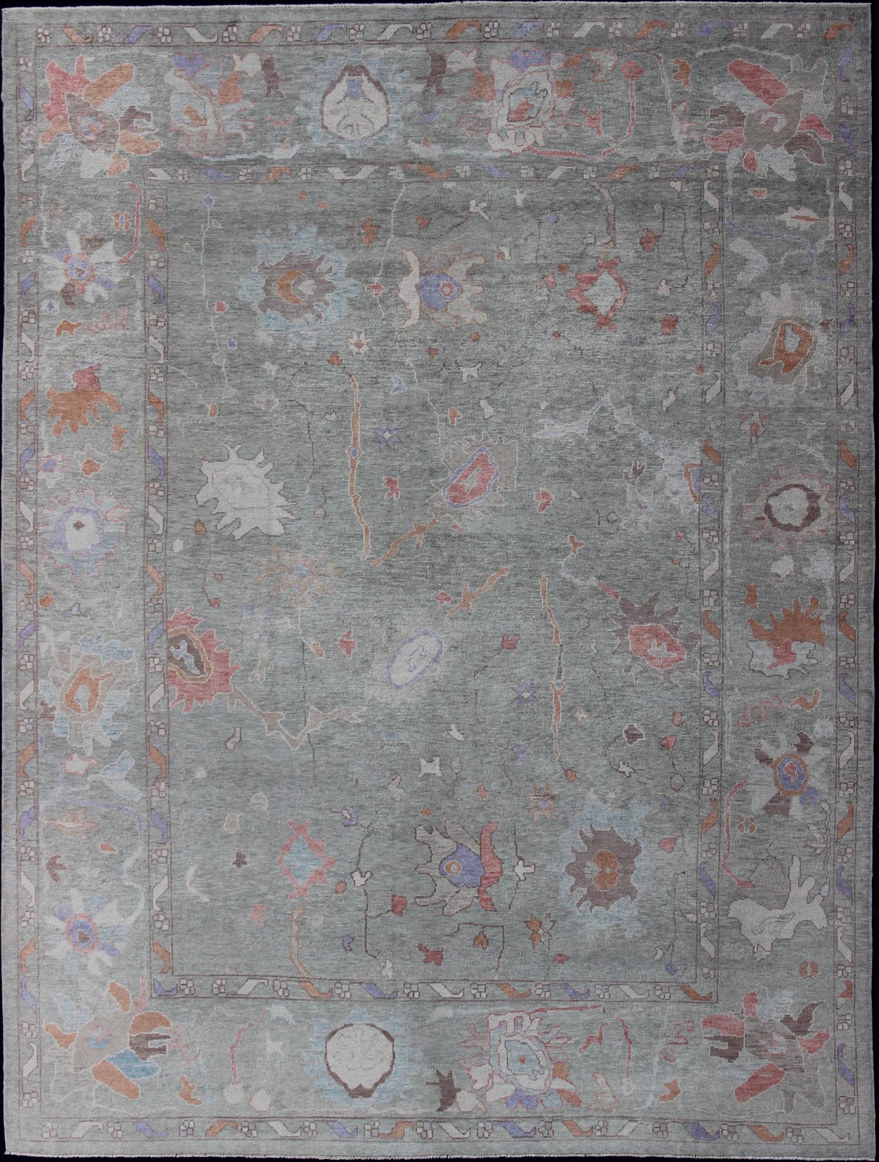 Large Turkish Oushak Reproduction Rug in Light Green made with Hand Spun Fine Wool Turkish Oushak rug with light green and multi - color palette, all - over floral design, Keivan Woven Arts/ rug EN - 179603, country of origin / type: Turkey / Oushak. Repr... - Keivan Woven ArtsEN - 179603 - 11891Rug