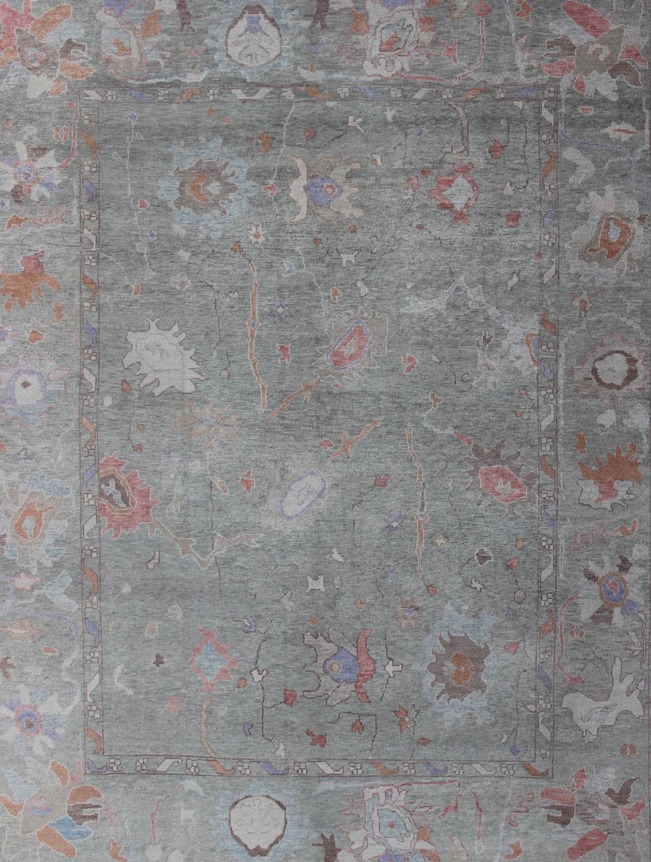 Large Turkish Oushak Reproduction Rug in Light Green made with Hand Spun Fine Wool Turkish Oushak rug with light green and multi - color palette, all - over floral design, Keivan Woven Arts/ rug EN - 179603, country of origin / type: Turkey / Oushak. Repr... - Keivan Woven ArtsEN - 179603 - 11891Rug