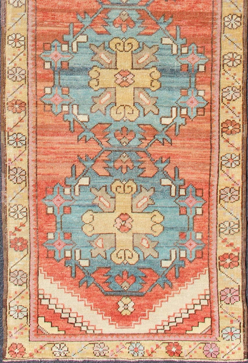 Colorful Antique Oushak Runner with Medallion Design in Terracotta, yellow & teal Blue. Colorful Turkish antique Oushak runner in Terracotta, Yellow & teal Blue , rug EN - 179659, country of origin / type: Turkey / Oushak, circa 1930. This ... - Keivan Woven ArtsEN - 179659 - 11749Rug