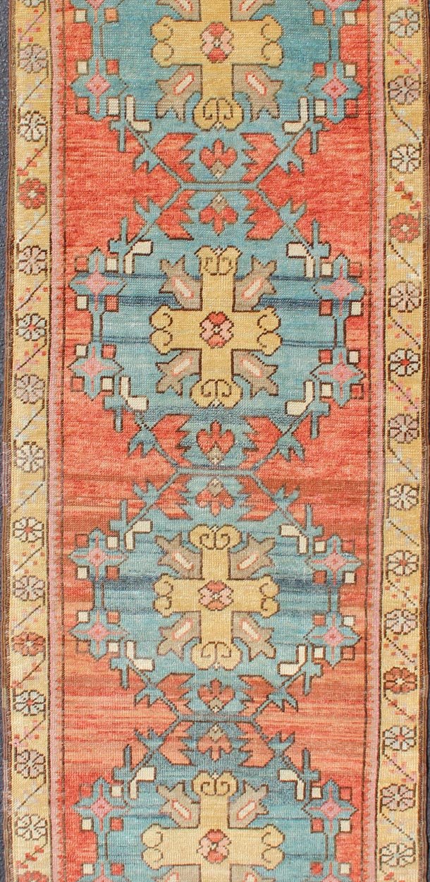 Colorful Antique Oushak Runner with Medallion Design in Terracotta, yellow & teal Blue. Colorful Turkish antique Oushak runner in Terracotta, Yellow & teal Blue , rug EN - 179659, country of origin / type: Turkey / Oushak, circa 1930. This ... - Keivan Woven ArtsEN - 179659 - 11749Rug