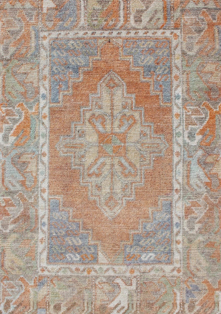 Turkish Oushak Vintage Small Carpet in Light Orange and light Blue & L.Green. Vintage Oushak small carpet from Turkey in Light Orange and light Blue & L.Green, rug EN - 179663, country of origin / type: Turkey / Oushak, circa 1950 Keivan Woven Arts ... - Keivan Woven ArtsEN - 179663 - 11839Rug