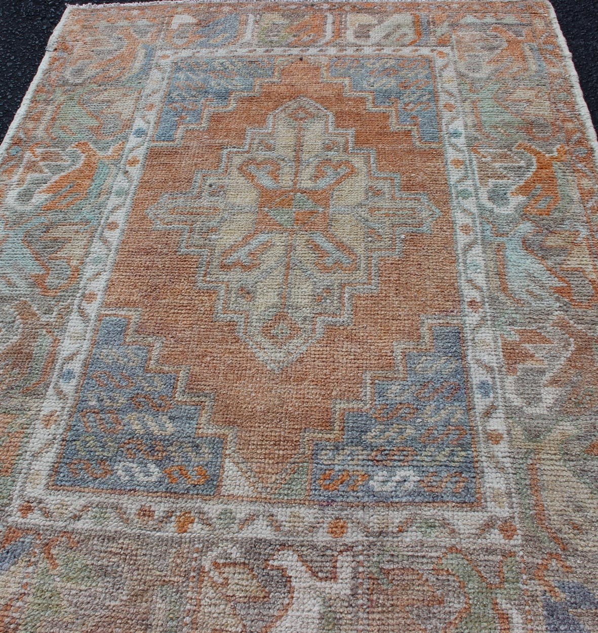 Turkish Oushak Vintage Small Carpet in Light Orange and light Blue & L.Green. Vintage Oushak small carpet from Turkey in Light Orange and light Blue & L.Green, rug EN - 179663, country of origin / type: Turkey / Oushak, circa 1950 Keivan Woven Arts ... - Keivan Woven ArtsEN - 179663 - 11839Rug