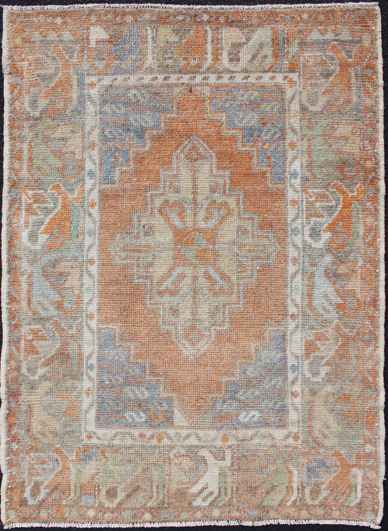 Turkish Oushak Vintage Small Carpet in Light Orange and light Blue & L.Green. Vintage Oushak small carpet from Turkey in Light Orange and light Blue & L.Green, rug EN - 179663, country of origin / type: Turkey / Oushak, circa 1950 Keivan Woven Arts ... - Keivan Woven ArtsEN - 179663 - 11839Rug