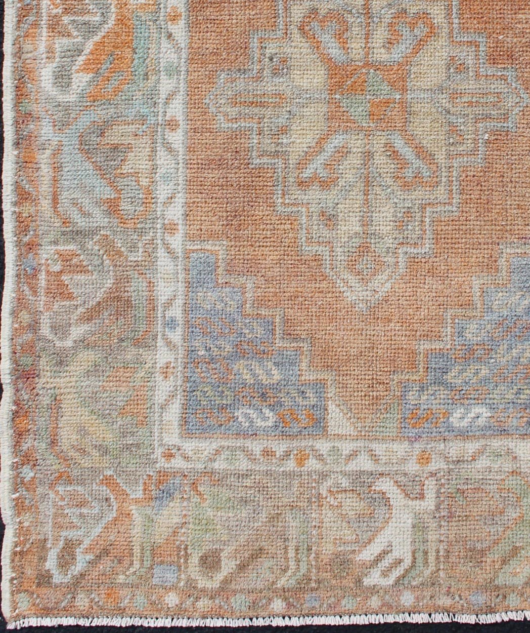 Turkish Oushak Vintage Small Carpet in Light Orange and light Blue & L.Green. Vintage Oushak small carpet from Turkey in Light Orange and light Blue & L.Green, rug EN - 179663, country of origin / type: Turkey / Oushak, circa 1950 Keivan Woven Arts ... - Keivan Woven ArtsEN - 179663 - 11839Rug