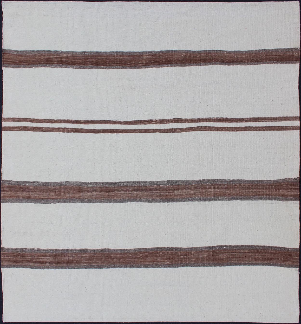 Square size Turkish Vintage Kilim Flat - Weave Rug in Brown and off white with Stripe Design. Keivan Woven Arts / rug EN - 179669, country of origin / type: Turkey / Kilim, circa 1950 Measures: 4'2 x 4'7 This vintage striped design Turkish K... - Keivan Woven ArtsEN - 179669 - 11843Rug