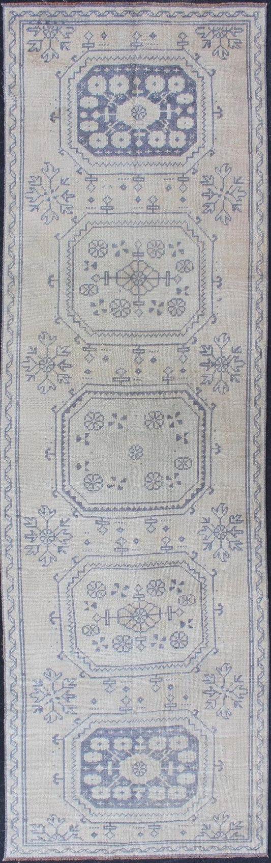 Vintage Turkish Oushak Runner in Medium Blue, Lt. Blue & Tan Background. Oushak vintage rug from Turkey with medallion Geometric design, rug EN - 179680, country of origin / type: Turkey / Oushak, circa 1940. This vintage Turkish Oushak ru... - Keivan Woven ArtsEN - 179680 - 12521Rug