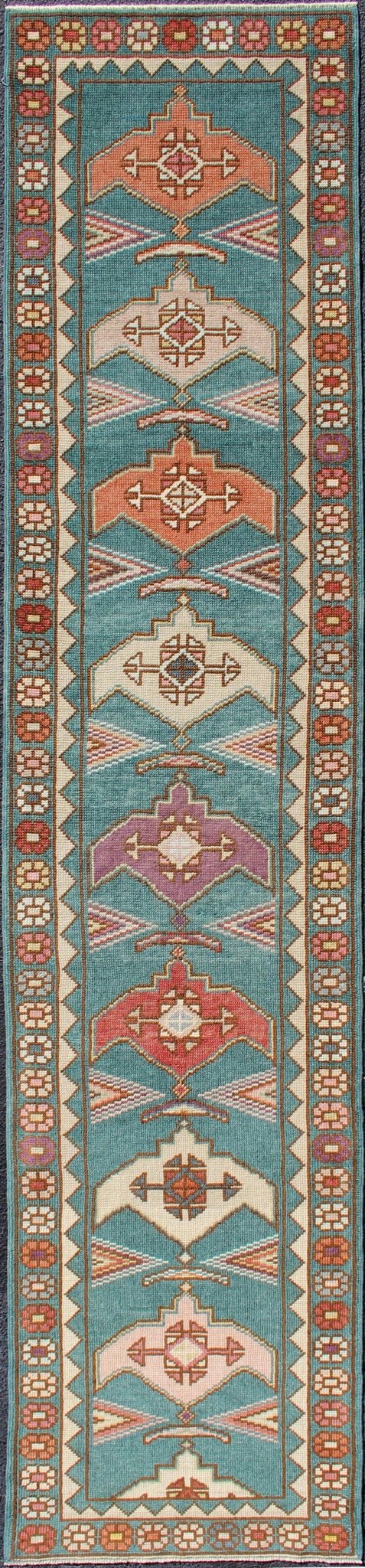 Teal Color Vintage Turkish Oushak Runner with Repeating Geometric Design. Colorful vintage Turkish oushak runner with repeating medallion geometric design in teal color background, rug EN - 179682, country of origin / type: Turkey / Oushak, circa 1940... - Keivan Woven ArtsEN - 179682 - 12367Rug