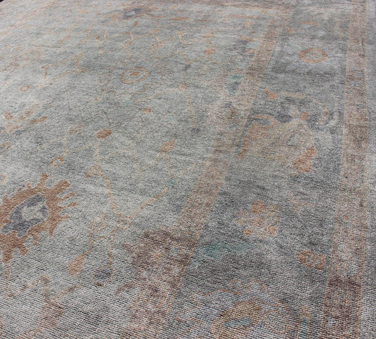 Modern Turkish Oushak large Rug in Seafoam Green, Light Blue & Multi Colors. Turkish Oushak contemporary rug with seafoam green, light blue, tan, orange neutral color palette and all - over flower design, rug EN - 179684, country of origin / type: ... - Keivan Woven ArtsEN - 179684 - 12229Rug