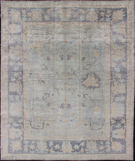 Turkish Oushak Rug With Fine Handspun Wool in All Over Design Turkish Oushak Rug with Neutral Color Palette and All - Over Flower Design Keivan Woven Arts - Fine Turkish Oushak rug with gray blue border and neutral color palette and all - over flower desi... - Keivan Woven ArtsEN - 179691 - 12423Rug