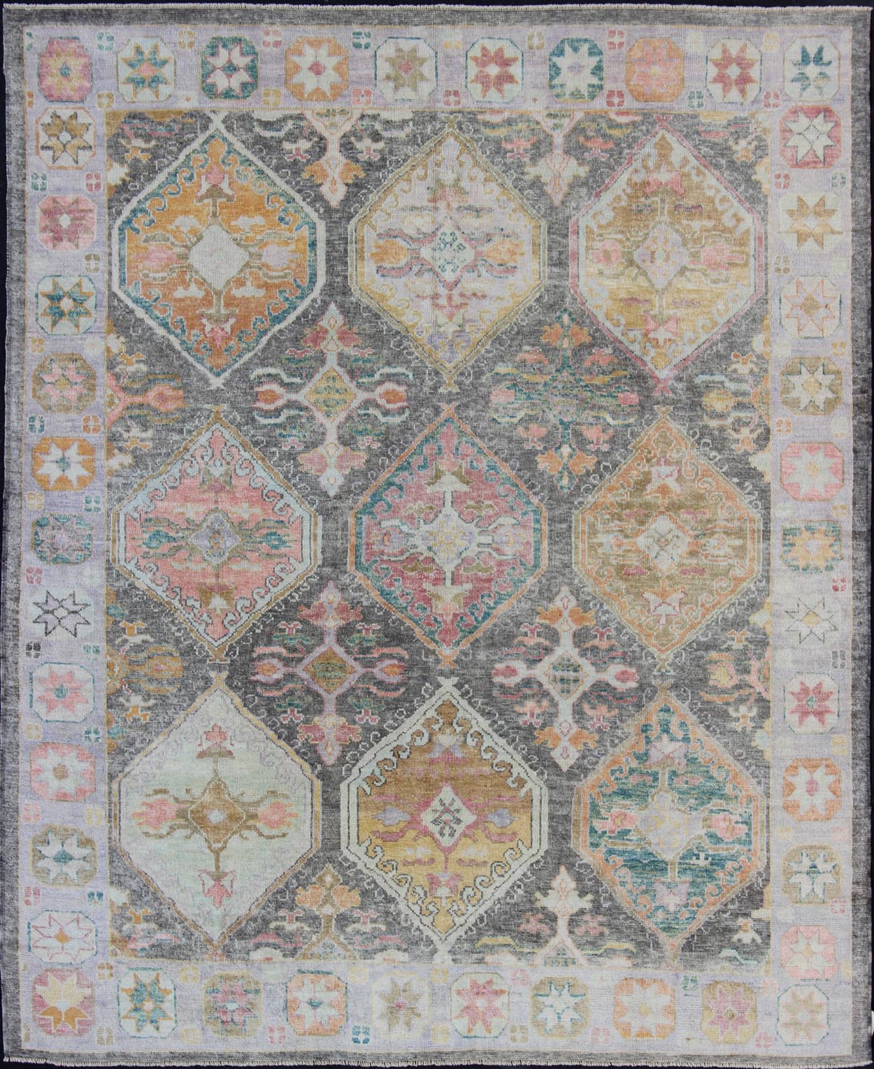 Tribal Design Turkish Oushak Rug with Large Medallions in Gray and Multi Colors. Turkish Oushak rug with bold design and color palette and all - over large diamond medallion design, rug EN - 179696, country of origin / type: Turkey / Oushak This ... - Keivan Woven ArtsEN - 179696 - 12022Rug