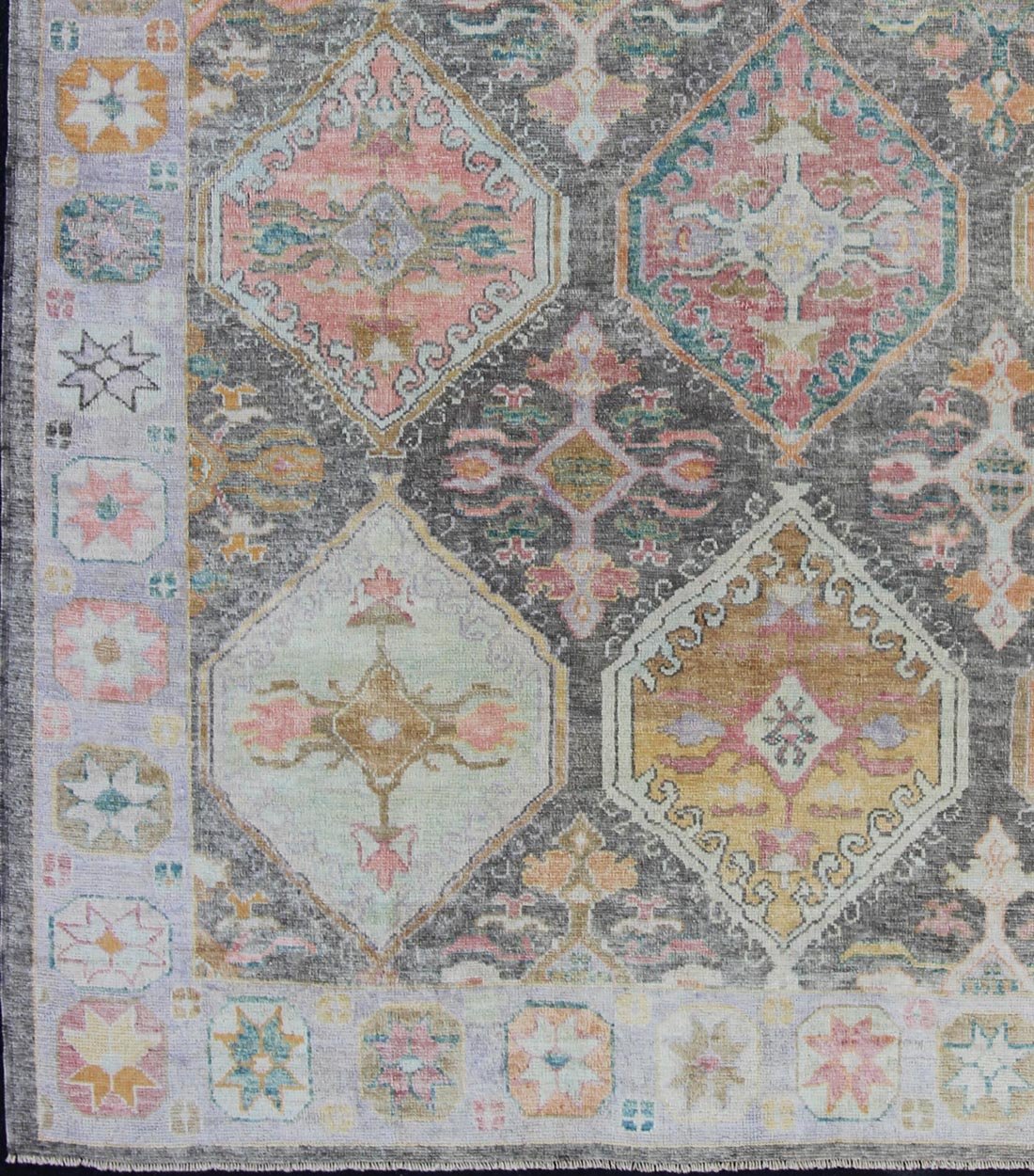 Tribal Design Turkish Oushak Rug with Large Medallions in Gray and Multi Colors. Turkish Oushak rug with bold design and color palette and all - over large diamond medallion design, rug EN - 179696, country of origin / type: Turkey / Oushak This ... - Keivan Woven ArtsEN - 179696 - 12022Rug