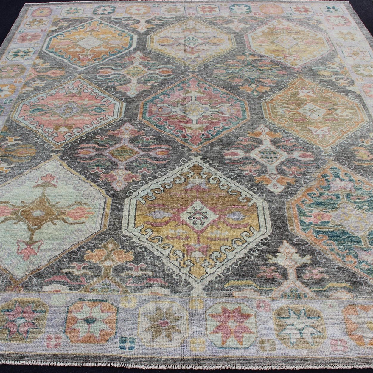 Tribal Design Turkish Oushak Rug with Large Medallions in Gray and Multi Colors. Turkish Oushak rug with bold design and color palette and all - over large diamond medallion design, rug EN - 179696, country of origin / type: Turkey / Oushak This ... - Keivan Woven ArtsEN - 179696 - 12022Rug