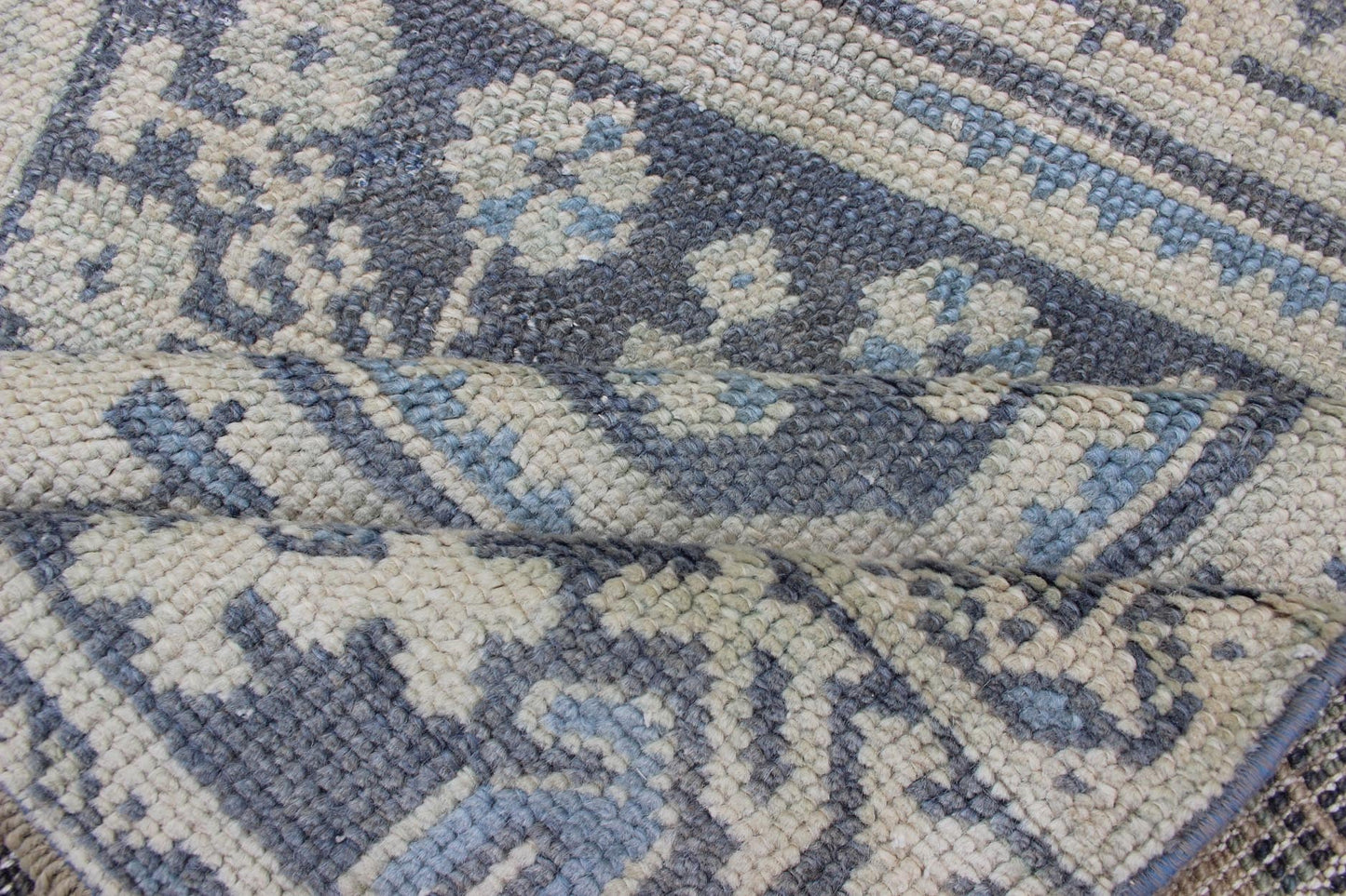Vintage Turkish Oushak Runner in Faded Blue in Neutral Background Oushak vintage rug from Turkey with medallion design, rug EN - 179700, country of origin / type: Turkey / Oushak, circa 1940. This vintage Turkish Oushak rug features a multi... - Keivan Woven ArtsEN - 179700 - 12553Rug