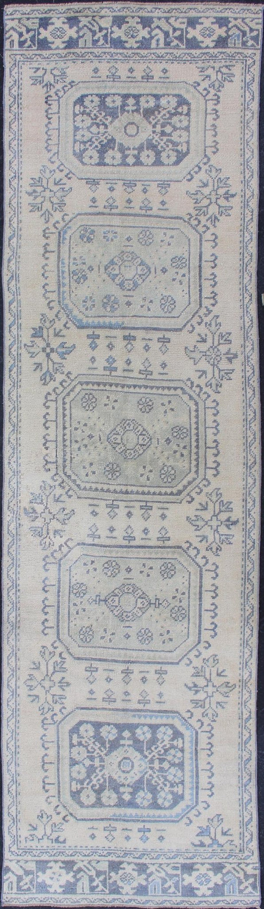 Vintage Turkish Oushak Runner in Faded Blue in Neutral Background Oushak vintage rug from Turkey with medallion design, rug EN - 179700, country of origin / type: Turkey / Oushak, circa 1940. This vintage Turkish Oushak rug features a multi... - Keivan Woven ArtsEN - 179700 - 12553Rug