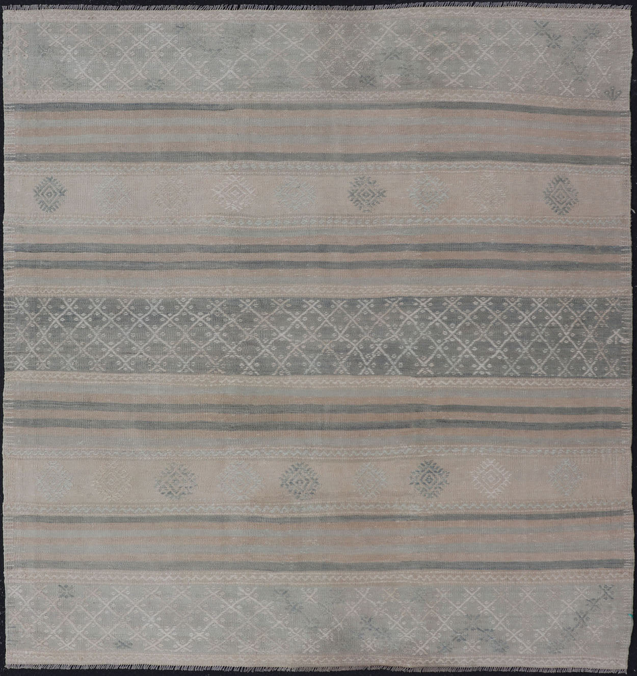 Square Vintage Turkish Kilim rug with horizontal stripes and tribal shapes. Keivan Woven Arts / rug EN - 179781, country of origin / type: Turkey / Kilim, circa mid - 20th century This flat - woven Kilim from Turkey features an enticing composition co... - Keivan Woven ArtsEN - 179781 - 17646Rug