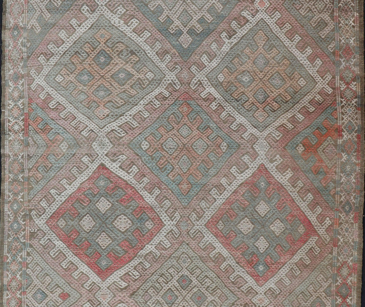 Vintage Turkish Embroidered Kilim Rug with Geometric Diamond Design. rug EN - 179940, Keivan Woven Arts / country of origin / type: Turkey / Kilim, circa 1950. Measures: 6'3 x 10'4 Embroidered vintage flat weave rug from Turkey in shades of multi ... - Keivan Woven ArtsEN - 179940 - 15416Rug