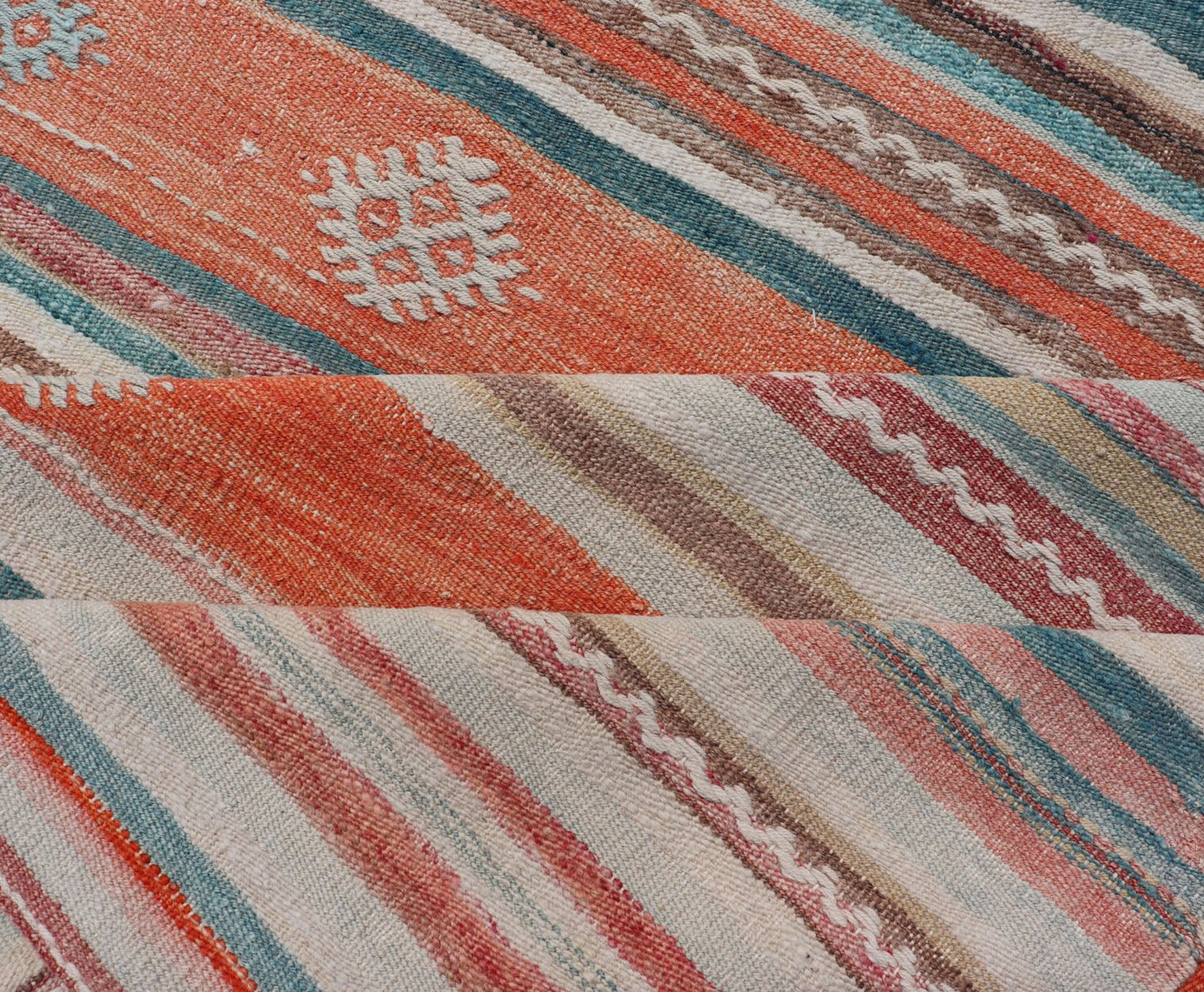 Colorful Vintage Turkish Embroidered Kilim with Stripes and Geometric Motifs. Keivan Woven Arts / rug EN - 179945, country of origin / type: Turkey / Kilim, circa 1950 Measures: 5'5 x 10'4 This vintage Turkish flat - woven Kilim features a minimalis... - Keivan Woven ArtsEN - 179945 - 15420Rug