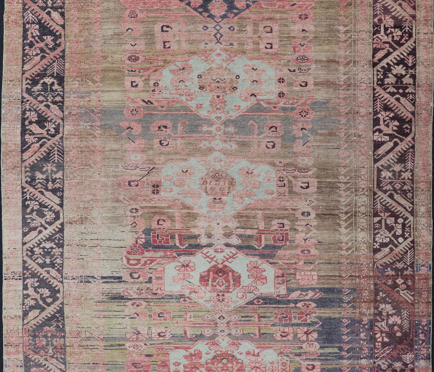 Antique Turkish fine weave Oushak Rug in Light Green and Color Variation Early 20th century finely woven antique Turkish Oushak rug with abrash/color variation in the center. The background consist of light Green Background with pink and blue.... - Keivan Woven ArtsEN - 179970 - 14422Rug