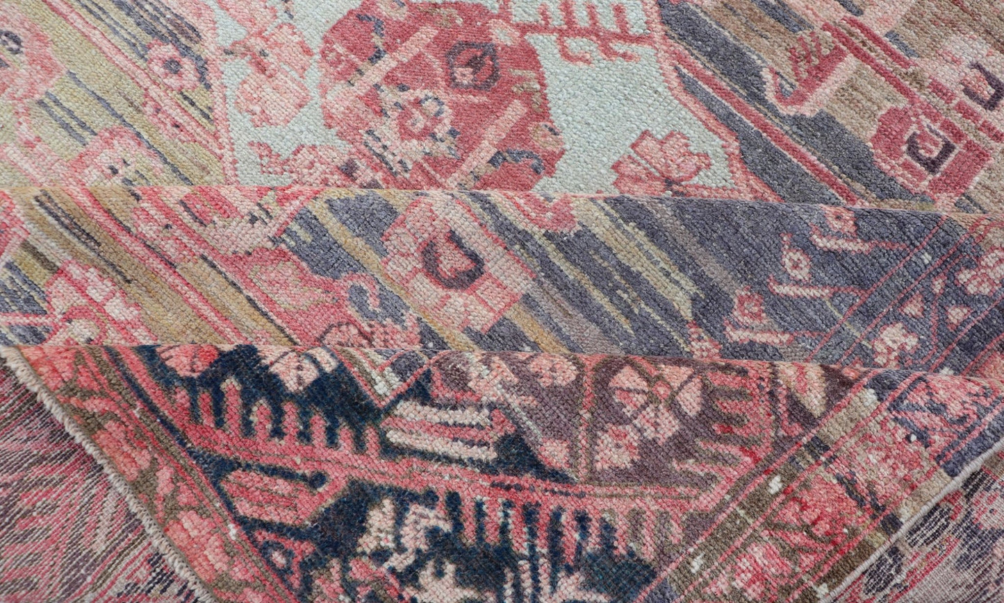 Antique Turkish fine weave Oushak Rug in Light Green and Color Variation Early 20th century finely woven antique Turkish Oushak rug with abrash/color variation in the center. The background consist of light Green Background with pink and blue.... - Keivan Woven ArtsEN - 179970 - 14422Rug