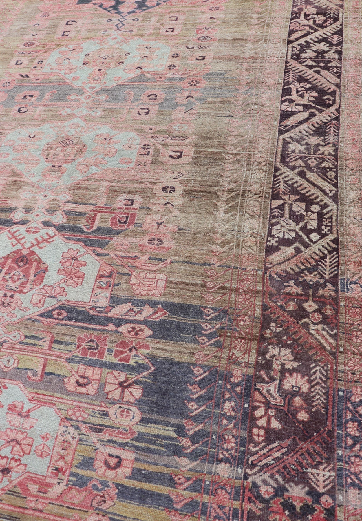 Antique Turkish fine weave Oushak Rug in Light Green and Color Variation Early 20th century finely woven antique Turkish Oushak rug with abrash/color variation in the center. The background consist of light Green Background with pink and blue.... - Keivan Woven ArtsEN - 179970 - 14422Rug