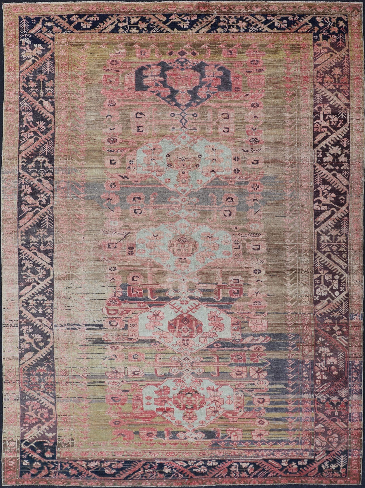 Antique Turkish fine weave Oushak Rug in Light Green and Color Variation Early 20th century finely woven antique Turkish Oushak rug with abrash/color variation in the center. The background consist of light Green Background with pink and blue.... - Keivan Woven ArtsEN - 179970 - 14422Rug