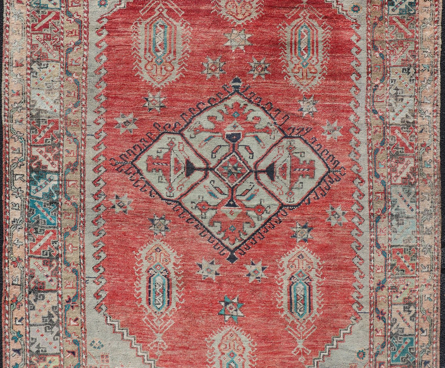 Antique Oushak in Rust, Green, Light Blue, Taupe, Brown, Teal and Silver Colors. Vibrant Medallion design Turkish antique rug, Keivan Woven Arts / rug EN - 179973, country of origin / type: Turkey / Oushak, circa 1920 This antique Turkish o... - Keivan Woven ArtsEN - 179973 - 14262Rug